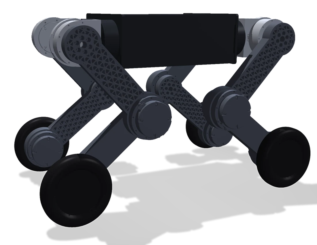 Leg: hip actuator, thigh, knee, calf and wheel