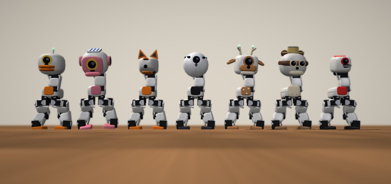 Custom desktop robots: seven character heads on one bipedal robot (concept CG)